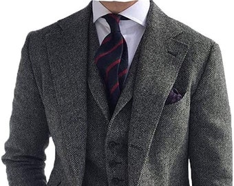 Men Custom Suit Tweed Wool Three Piece Style Grey Men's Suit For Wedding, Winter, Groom Wear And Grooms Men Suit Slim Fits