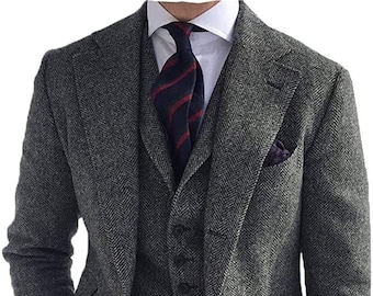Costume personnalisé homme tweed laine trois pièces style gris costume homme pour mariage, hiver, tenue de marié et de marié costume homme coupe slim
