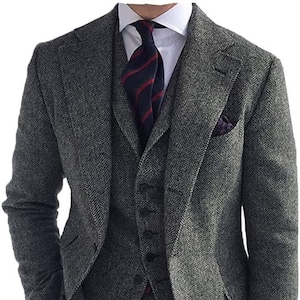 Men Custom Suit Tweed Wool Three Piece Style Grey Men's Suit For Wedding, Winter, Groom Wear And Grooms Men Suit Slim Fits