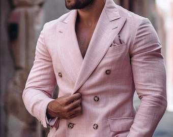 Double-Breasted Pink Linen Suit - Slim Fit for Groom or Special Occasion