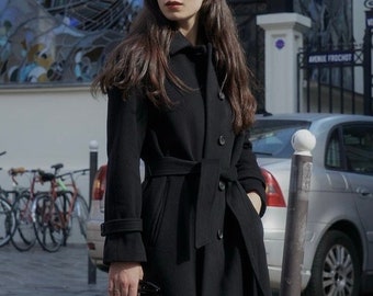Women’s Black Wool Long Coat, Tailored Fit (Winter, Office & Outdoor)