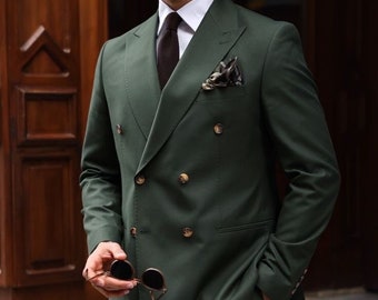 Men Bespoke Slim Fit Suit Classy Double Breast Two Piece Green Combination Men&#39;s Suit for Wedding , Prom, Groom wear & Groomsmen Suits