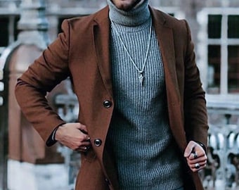 Cappotto lungo in lana da uomo: stile trench marrone - vestibilità su misura fatta a mano