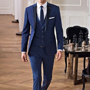 Men Custom Suit Designer Three Piece Navy Blue Tuxedo Men&#39;s Suit For Wedding, Engagement, Anniversary, Prom, Groom Wear And Grooms Men