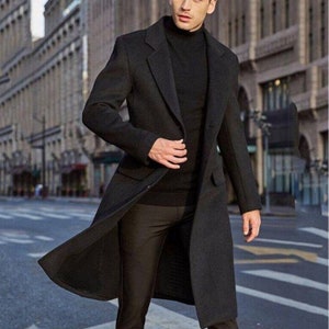 Menista Men Handmade Premium Black Wool Mens Long Trench Coat for Men Winter Business Professional Casual Wear Gift for Him