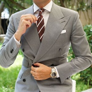 Men Custom Slim Fit Suit Classy Double Breast Two Piece Grey Men&#39;s Suit For Wedding, Engagement, Prom, Groom Wear And Grooms Men