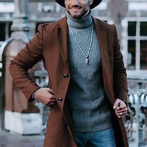 Abrigo largo de lana para hombre: estilo gabardina marrón - corte entallado hecho a mano