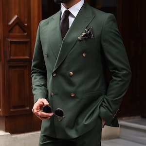 Men Bespoke Slim Fit Suit Classy Double Breast Two Piece Green Combination Men&#39;s Suit for Wedding , Prom, Groom wear & Groomsmen Suits
