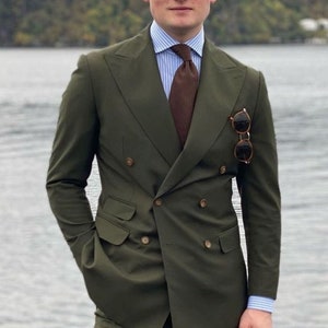 Men Bespoke Slim Fit Suit Classy Double Breast Two Piece green Combination Mens Suit for Wedding , Prom, Groom wear & Groomsmen Suits