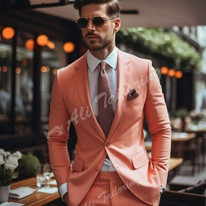Men Suit Classy Peach Two Piece Men&#39;s Suit for Wedding, Engagement, Anniversary, Prom, Groom wear and Grooms Men Suit Slim Fits