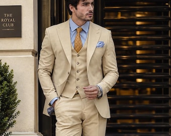 Men's Beige Linen Look 3-Piece Suit, Wedding Groom Formal Wear