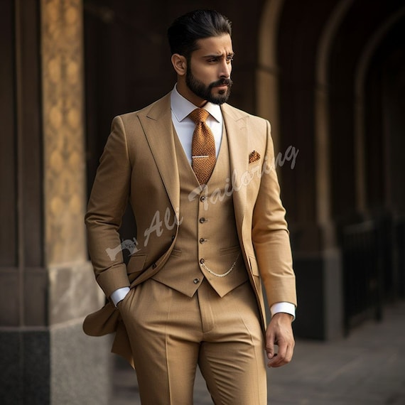 Men's Three-Piece Suit: Slim Fit Brown Camel - Wedding or Groom Style Men's Three-Piece Suit: Slim Fit Brown Camel - Wedding or Groom Style