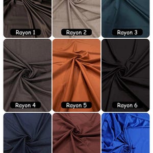 May include: A grid of nine fabric swatches labeled Rayon 1 through Rayon 9. The colors include dark brown, beige, dark teal, charcoal gray, burnt orange, black, navy blue, maroon, and bright royal blue. Each swatch features a central swirl pattern.