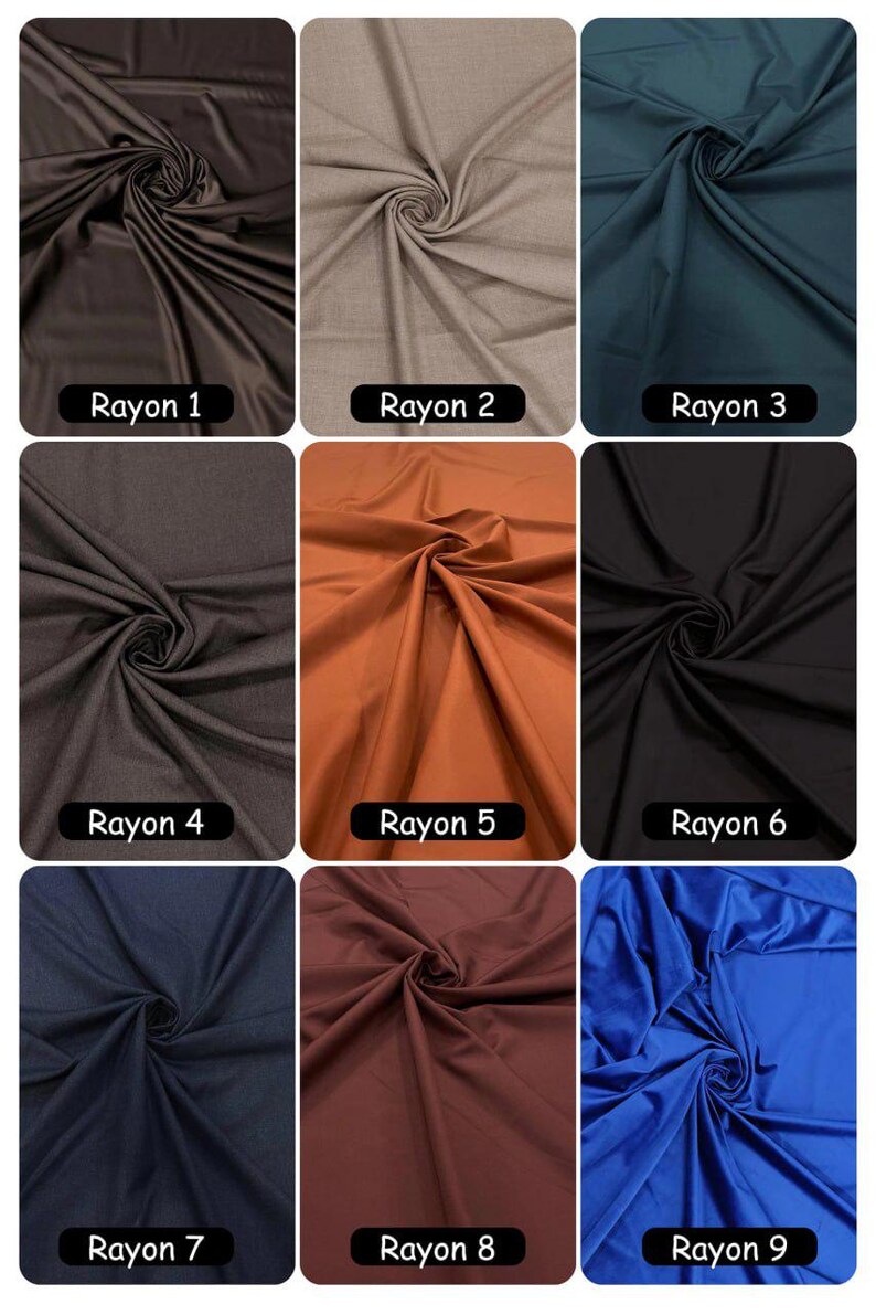 May include: A grid of nine fabric swatches labeled Rayon 1 through Rayon 9. The colors include dark brown, beige, dark teal, charcoal gray, burnt orange, black, navy blue, maroon, and bright royal blue. Each swatch features a central swirl pattern.