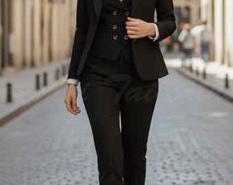 Women’s Black Suit Set - Tailored Blazer with Wide-Leg Pants