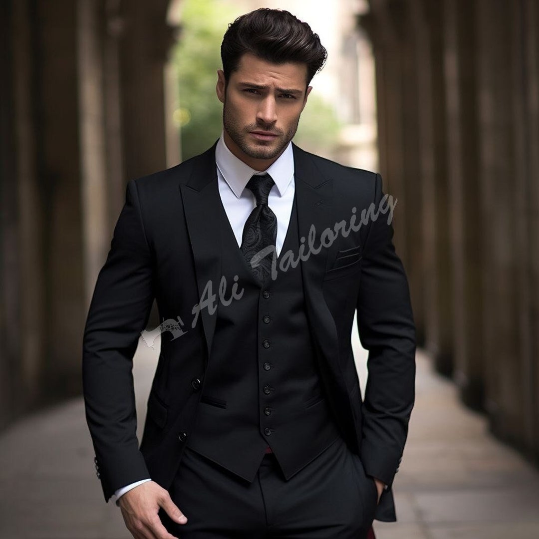 Abito da uomo slim fit, elegante, tre pezzi, nero, per matrimonio