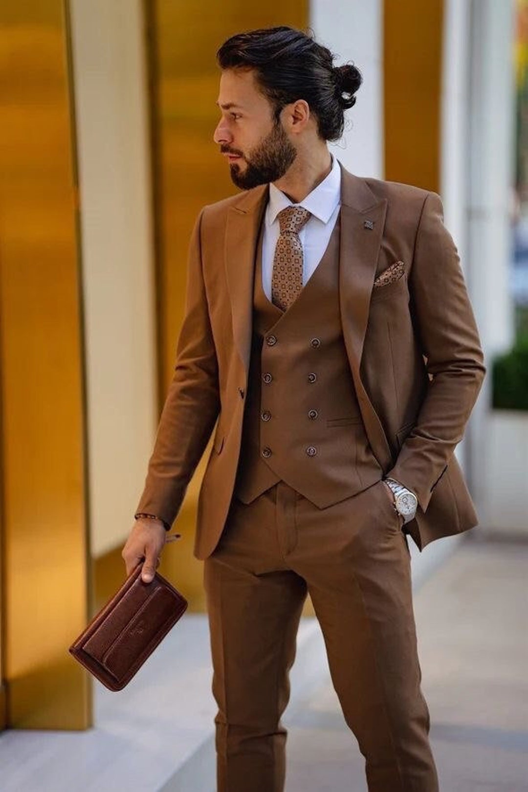 Buy Stylish Designer Three Piece Brown Men Suit for Wedding
