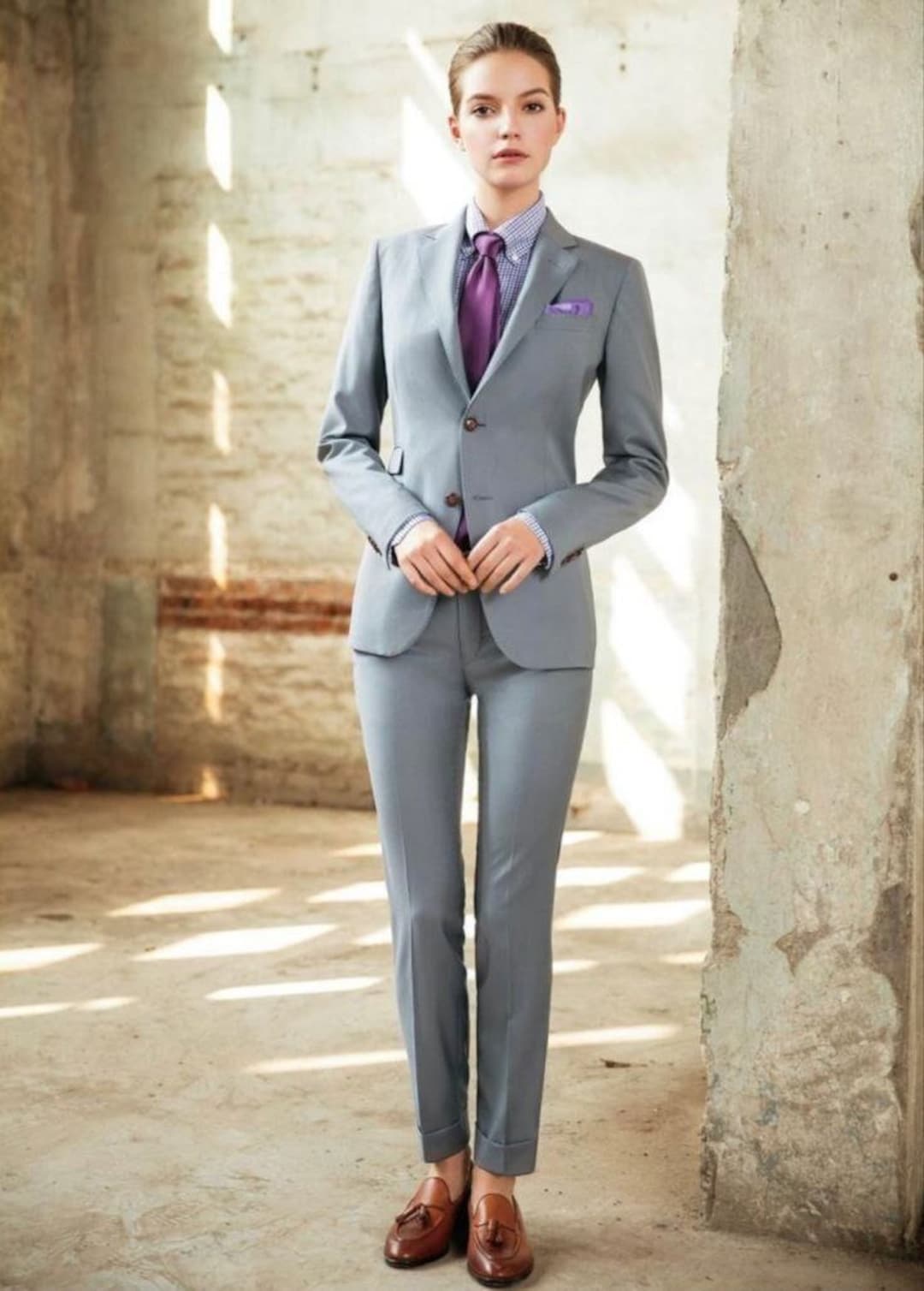 Grey Custom Woman Two Piece Suit for Women Office Ladies Suits
