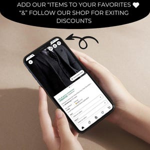 May include: A smartphone displaying an Etsy product page for a dark grey suit. The screen shows the shop name Ali Tailoring, a product image of a suit, and text that reads: ADD OUR ITEMS TO YOUR FAVORITES & FOLLOW OUR SHOP FOR EXITING DISCOUNTS.