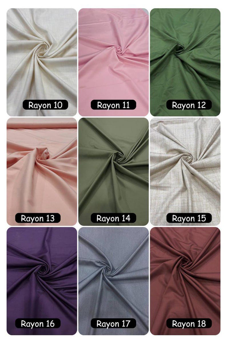 May include: A grid of nine fabric swatches labeled Rayon 10 through Rayon 18, featuring various solid colors including cream, pink, olive green, light pink, dark olive, textured beige, deep purple, slate gray, and maroon, all with draped folds.