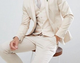 Three-Piece Men's Suit: Slim Fit Beige (Wedding, Groom, Formal)