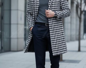 Tailored Men’s Coat: Grey Houndstooth Pattern (Slim Fit)