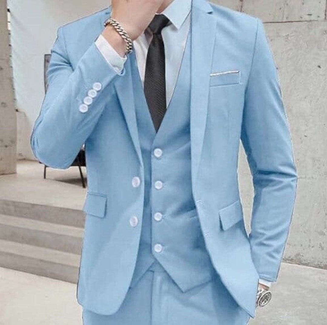 Men's 3 Piece Fashion Zoot Suit Powder Sky Light Blue Tone On Tone Shadow Stripe ~ Pinstri