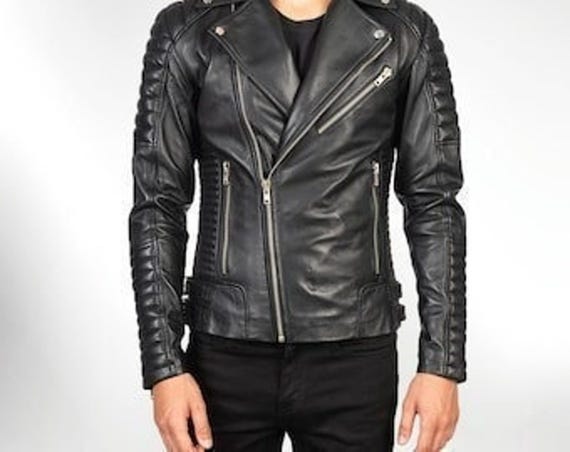 Slim fit black leather jacket mens hotsell