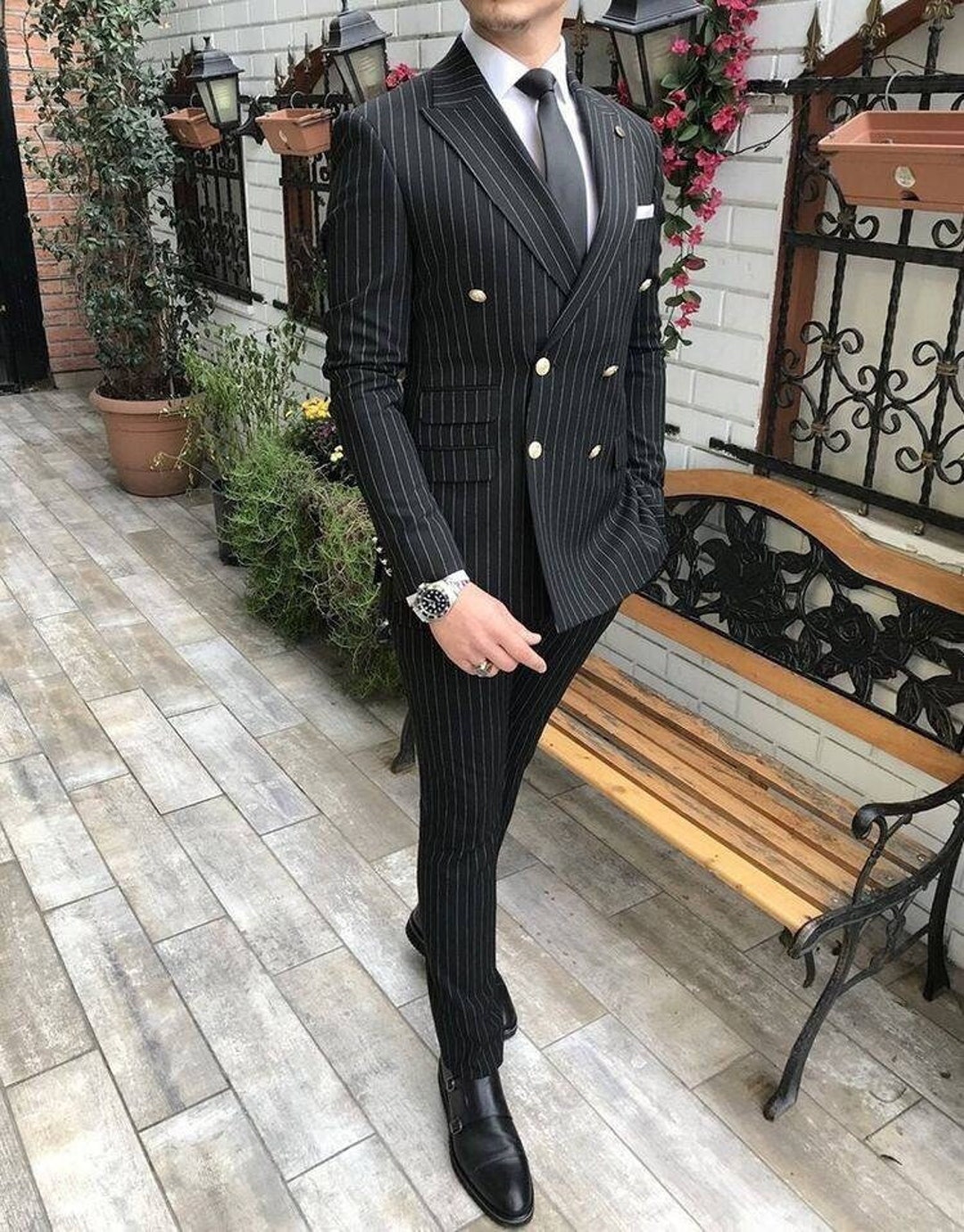 Trendy Custom Suit Double Breasted Black Pin Stripe Double