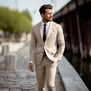 Men Suit Slim Fit Classy Beige Two Piece Men&#39;s Suit for Wedding, Engagement, Anniversary, Prom, Groom wear and Grooms Men Suit
