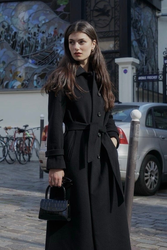 Women's Black Wool Long Coat, Tailored Fit (winter, Office