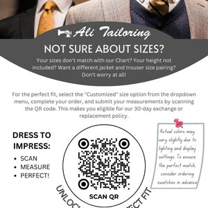 May include: An advertisement for Ali Tailoring featuring mannequins in tailored suits with ties. The text reads "NOT SURE ABOUT SIZES?" and provides instructions to scan a QR code for custom sizing and a perfect fit. The ad also mentions a 30-day exchange policy.