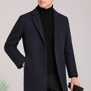 Gabardina de lana azul marino: Abrigo largo hecho a mano para el invierno