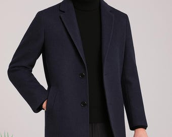Trench in lana blu navy: lungo cappotto invernale fatto a mano