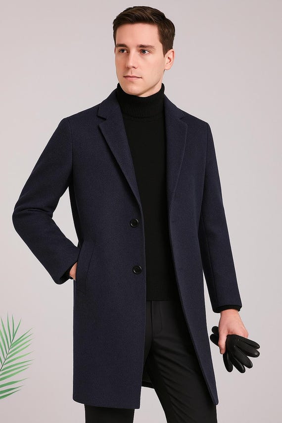 Navy Wool Trench Coat: Handmade Long Overcoat for Winter - Etsy