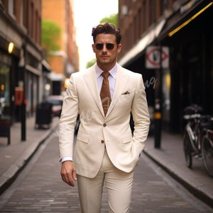 Men Suit Slim Fit Classy Beige Two Piece Men&#39;s Suit for Wedding, Engagement, Anniversary, Prom, Groom wear and Grooms Men Suit