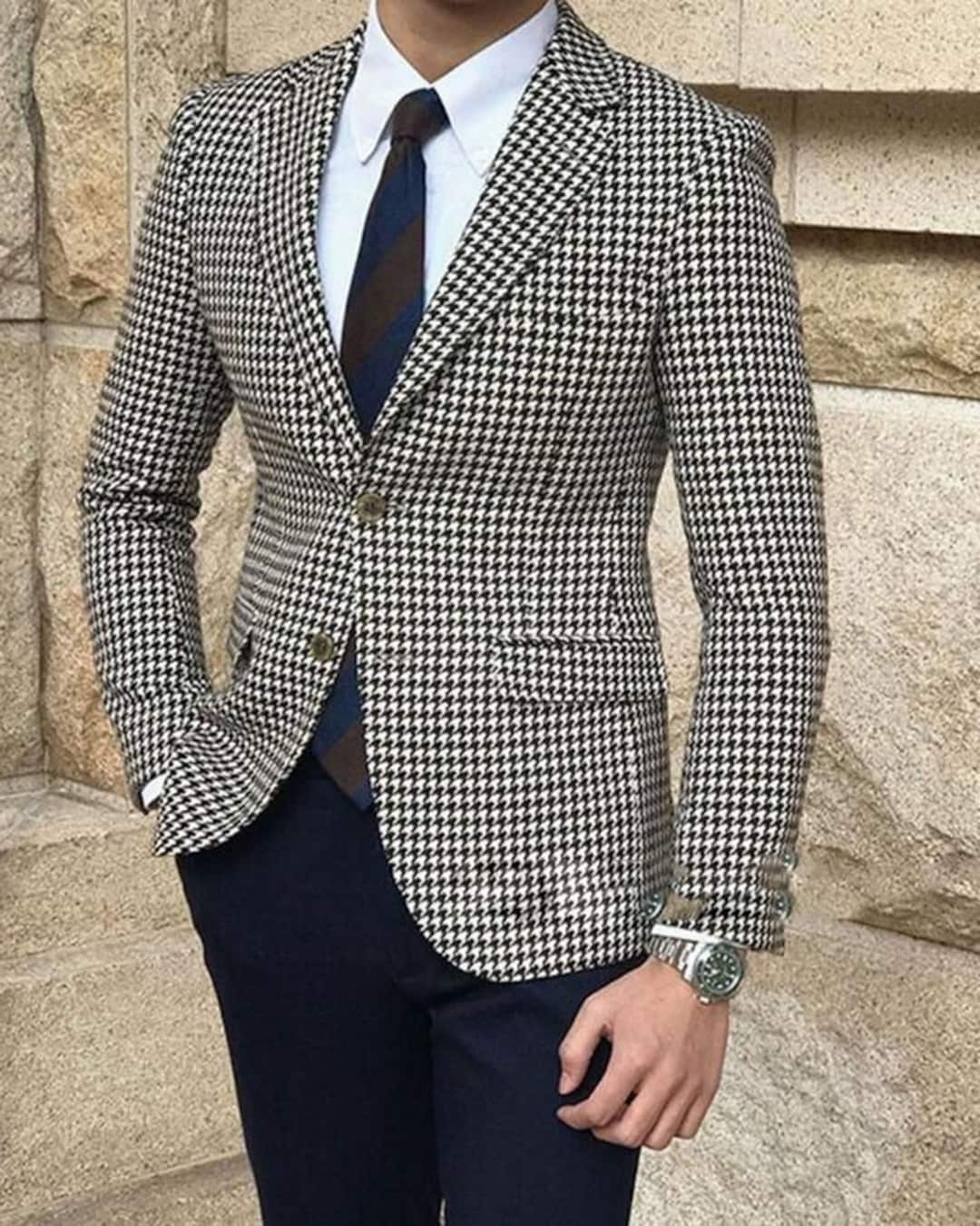 Classy Custom Men Suit Two Piece Black White Houndstooth Suit for ...