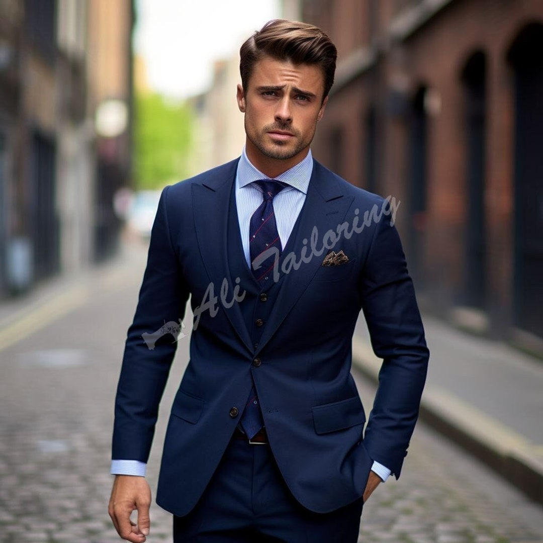 Men Suit Slim Fit Classy Three Piece Navy Blue Men's Suit for