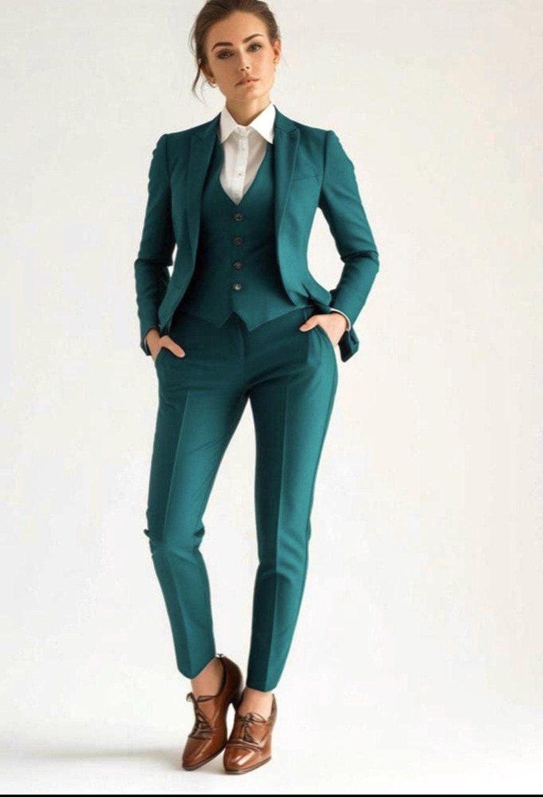 Women's Formal Suit: Teal Three-Piece Set - Custom Fit, Plus Size Women's Formal Suit: Teal Three-Piece Set - Custom Fit, Plus Size