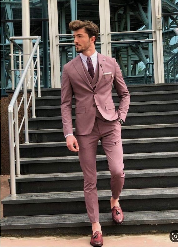 Three Piece Men's Suit: Stylish Pink Slim Fit (Jacket, Waistcoat