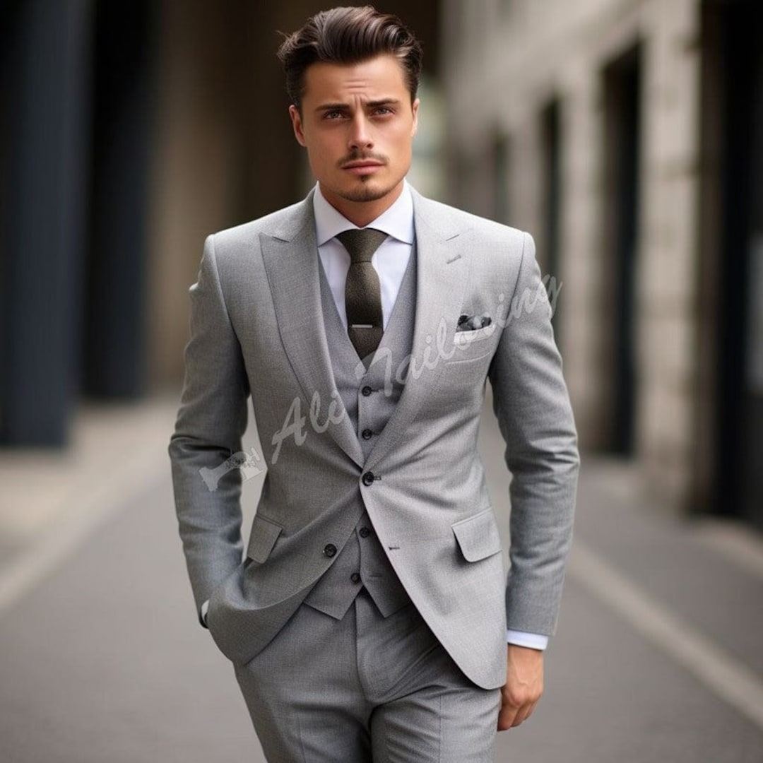 グレーのスリムフィットメンズスーツ - 結婚式やプロムに最適な