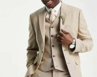 Slim Fit Men’s Suit, Beige Three-Piece (Jacket, Vest, Trousers)