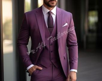 Abito da uomo slim fit elegante, tre pezzi, viola, per matrimonio