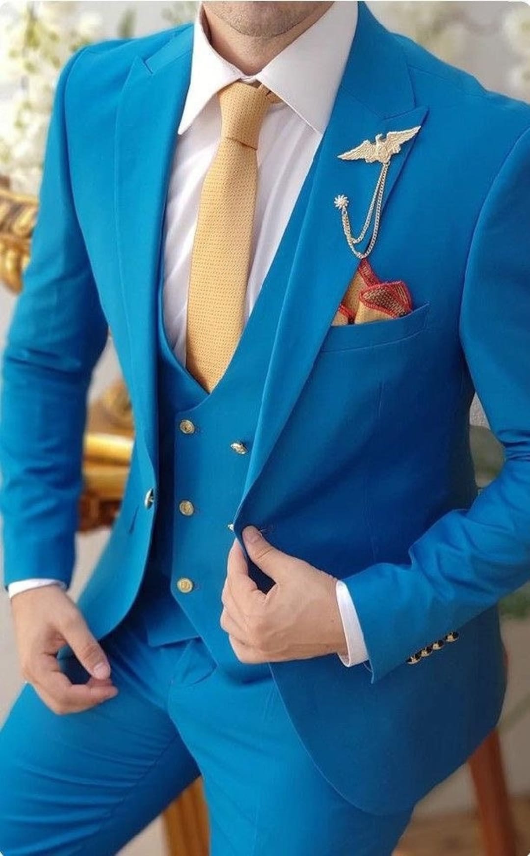 Stylish Designer Three Piece Royal Blue Men Suit for Wedding