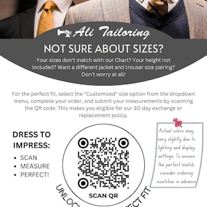 Peut inclure: Un graphique blanc et gris avec le texte "Ali Tailoring" et "Pas s&ucirc;r des tailles ?" Le graphique comprend &eacute;galement un code QR avec le texte "Scan QR" et "D&eacute;bloquez votre taille parfaite".