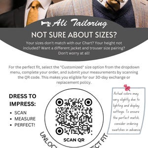 May include: A promotional graphic for Ali Tailoring featuring two mannequins wearing tan plaid jackets, white shirts, navy sweaters, and gold ties. The text includes instructions for custom sizing, a QR code, and a 30-day exchange policy notice.