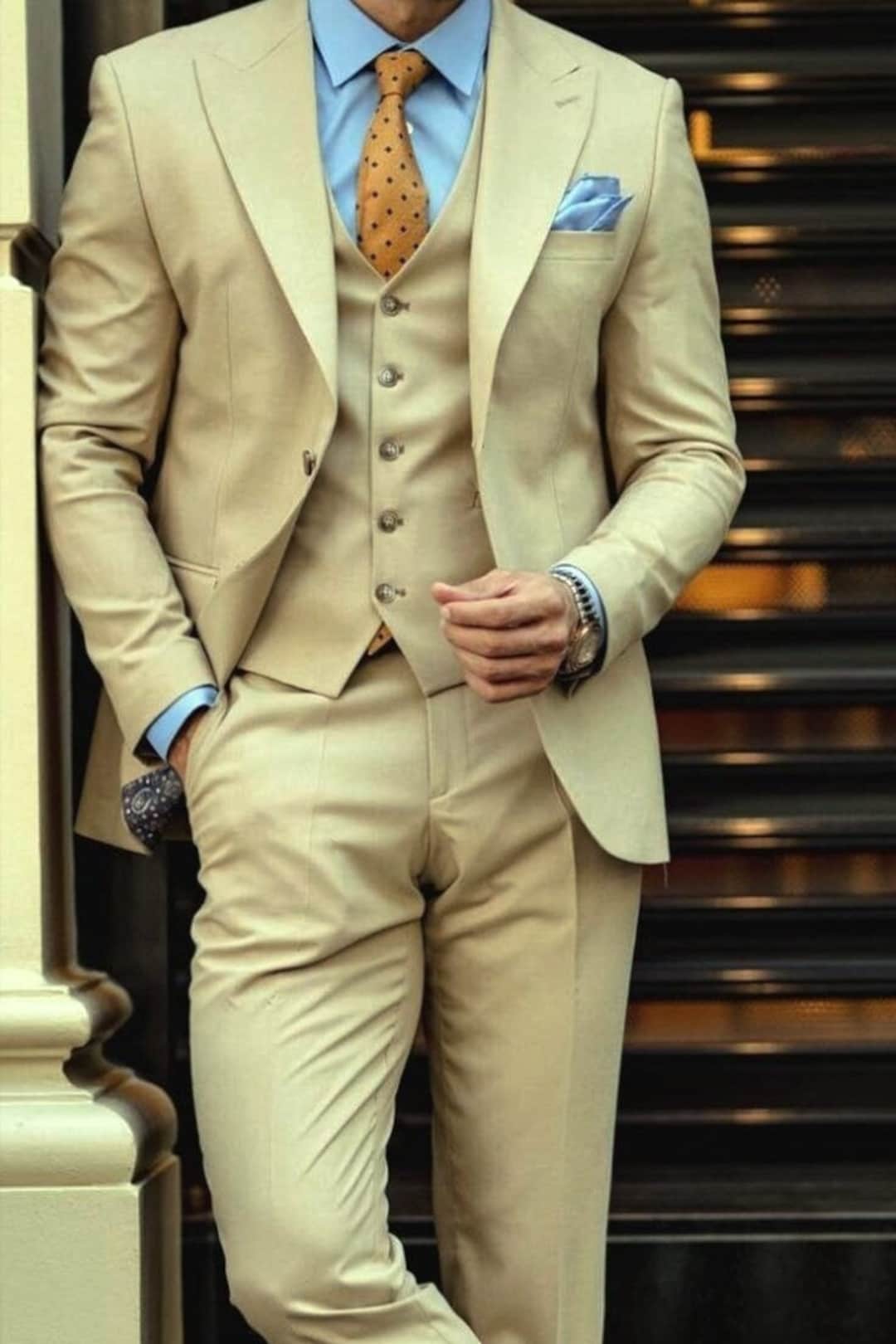 Men Suit Slim Fit Classy Three Piece Beige Men's Suit for Wedding