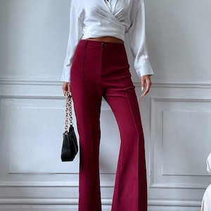 Bell Bottom-broek, bordeauxrode slim-fit pasvorm (op maat gemaakte damesbroek)
