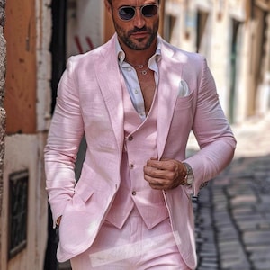 Men Suit Slim Fit Classy Linen Three Piece Pink Men&#39;s Suit for Wedding, Engagement, Anniversary, Prom, Groom wear and GroomsMen Suit