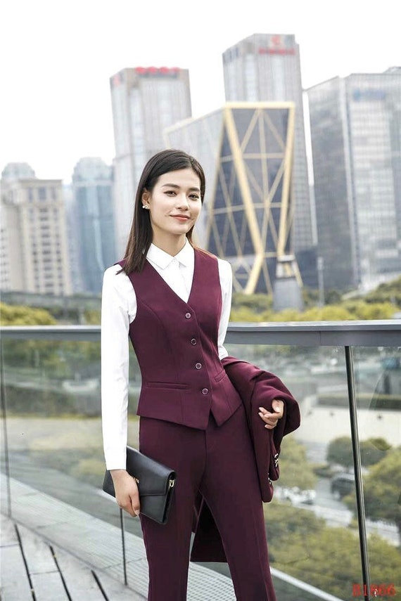 Women's Burgundy Suit, Blazer, Vest & Pants (Custom Fit Available)